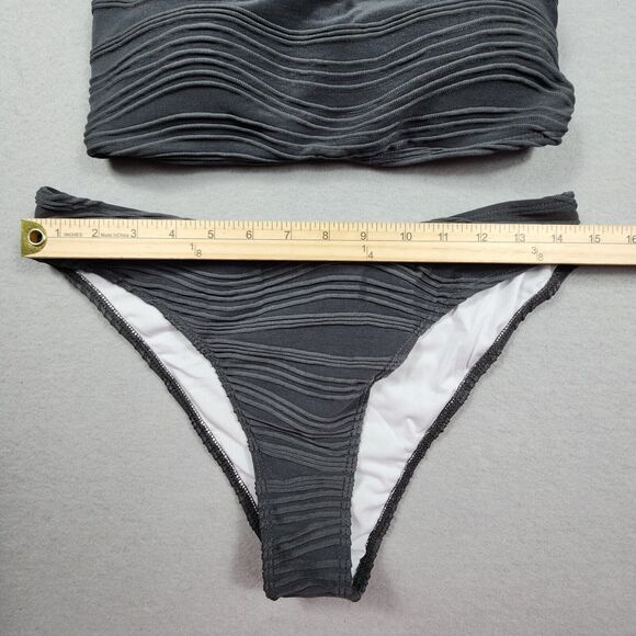 2 Piece Bandeau Swimsuit Ribbed Lace up Bikini High Cut Womens Size Medium Gray - Picture 4 of 7
